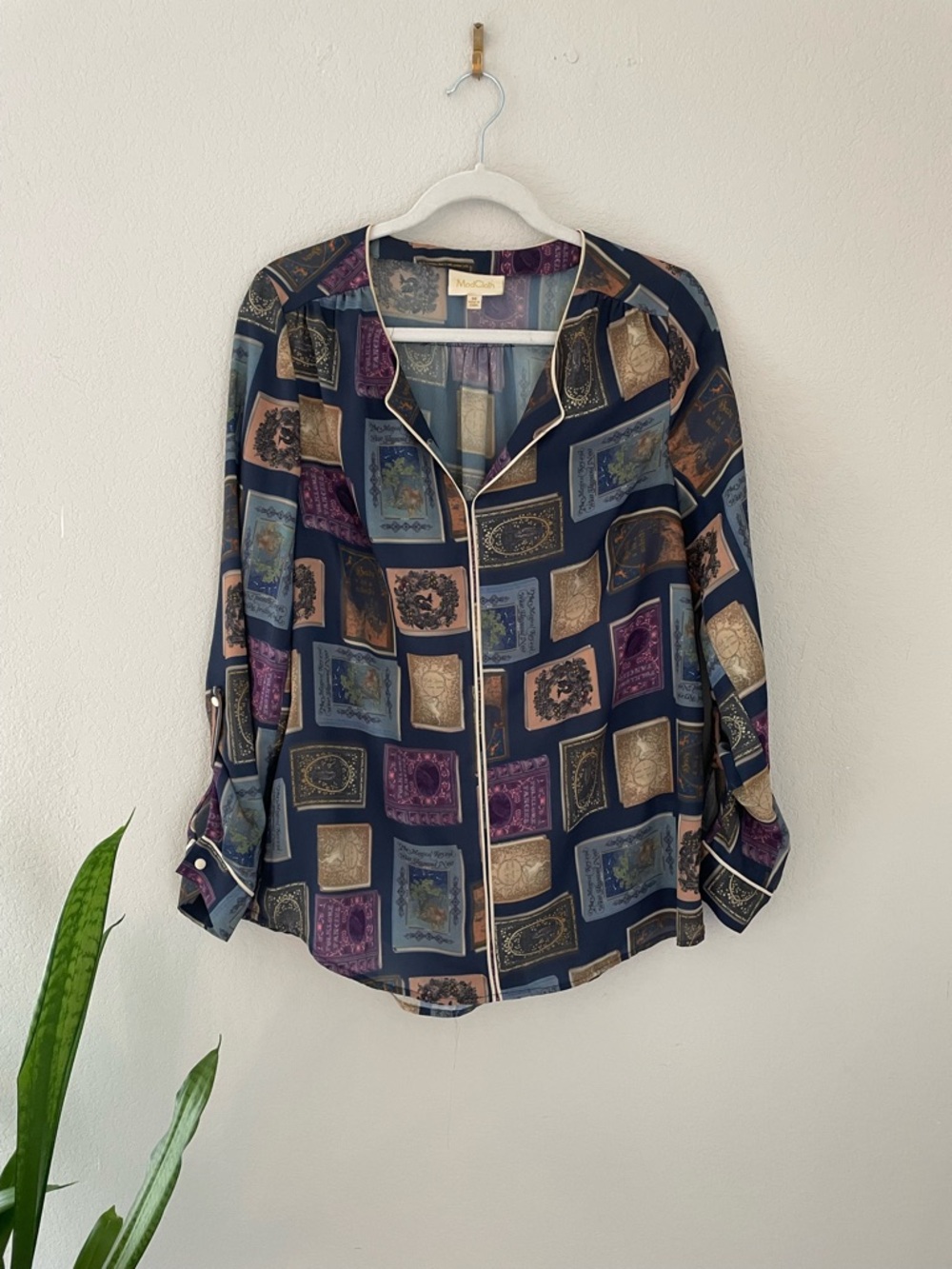 ModCloth Co-host Long Sleeve Blouse Vintage Book Print Large Jewel Tone